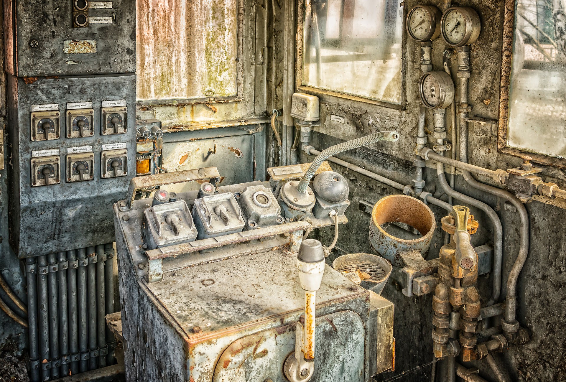 antigua cabina del maquinista de un tren a vapor con los cuadros de mandos oxidados